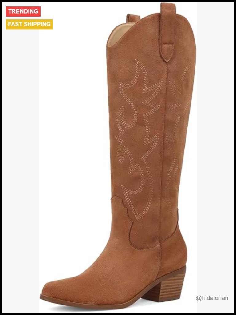 Embroidered Pull-On Cowboy Boots Chunky Stacked Heel Knee High Western Boots